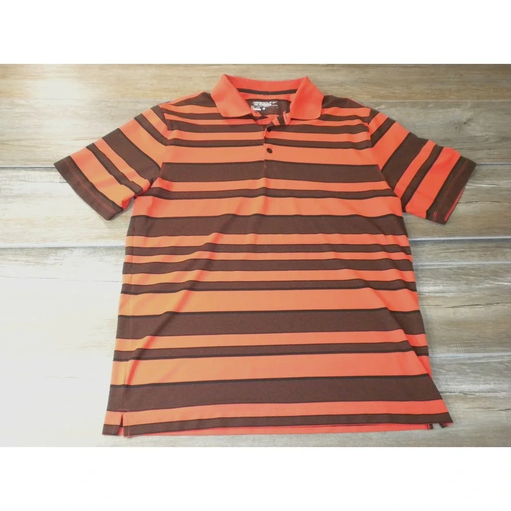Nike Golf Polo Shirt Mens L Orange Black Tour Performance Dri-Fit Striped VTG